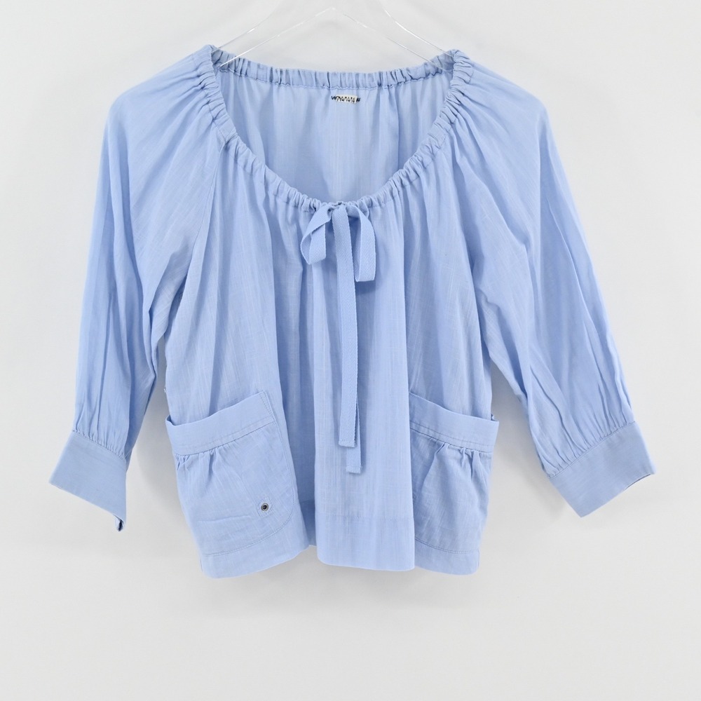 Anthropologie‎ Peasant Blouse Womens Size S Blue Tie Neck Cotton 3/4 Sleeve Top